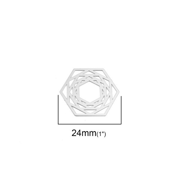 PS110200098 PAX de 5 Estampes pendentif connecteur filigrane Hexagone 24mm métal couleur Argent Platine