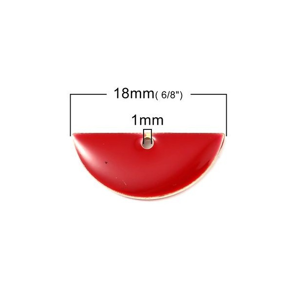 sequins médaillons résine style émaillés Biface Demi Cercle Rouge 18 par 8mm sur une base en métal dore
