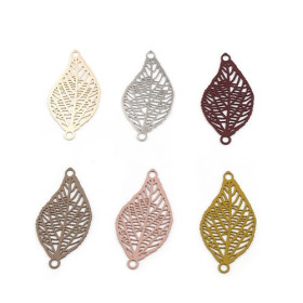 S110216316 PAX de 10 Estampes pendentif connecteur filigrane feuille 28mm métal couleur Bordeaux