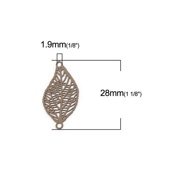 Estampes pendentif connecteur filigrane feuille 28mm métal couleur Taupe
