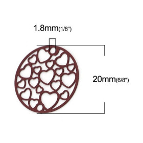 PS110216322 PAX de 10 Estampes connecteur filigrane Medaillon Multi Coeur 20mm métal couleur Bordeaux