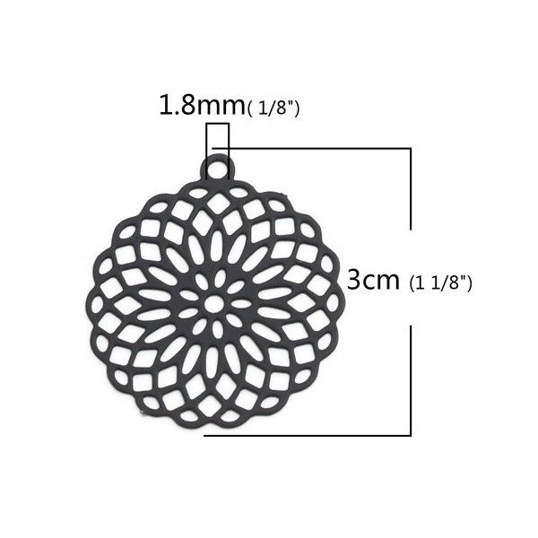 Estampes pendentif connecteur filigrane Rosace Mandala Noir 30mm