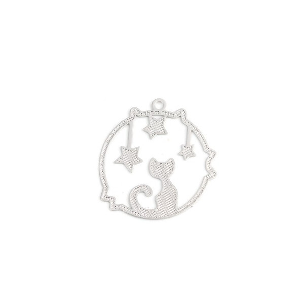 PS110216696 PAX de 5 Estampes pendentif filigrane Chat 29mm métal couleur Argent Platine