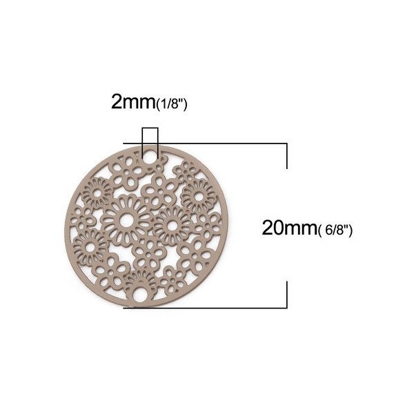 PS110216306 PAX de 10 Estampes connecteur filigrane Medaillon Multi Fleurs 20mm métal couleur Taupe 