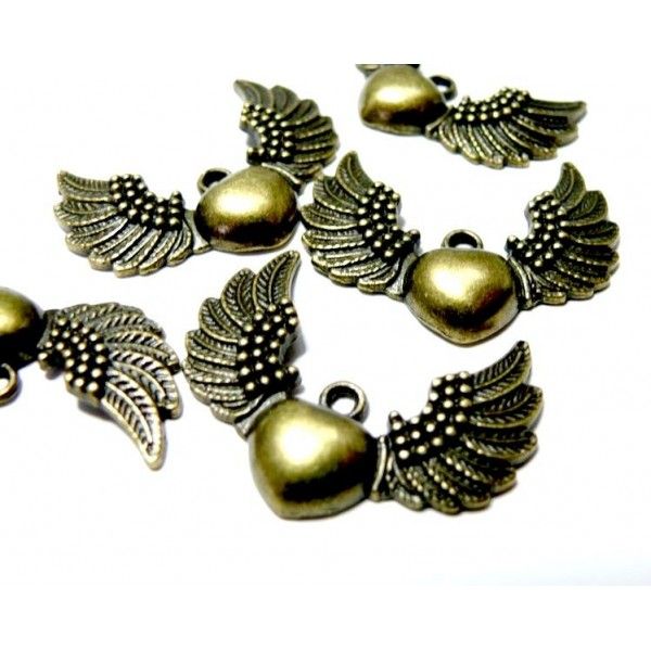 10 pendentifs bronze coeur et ailes ref A13543