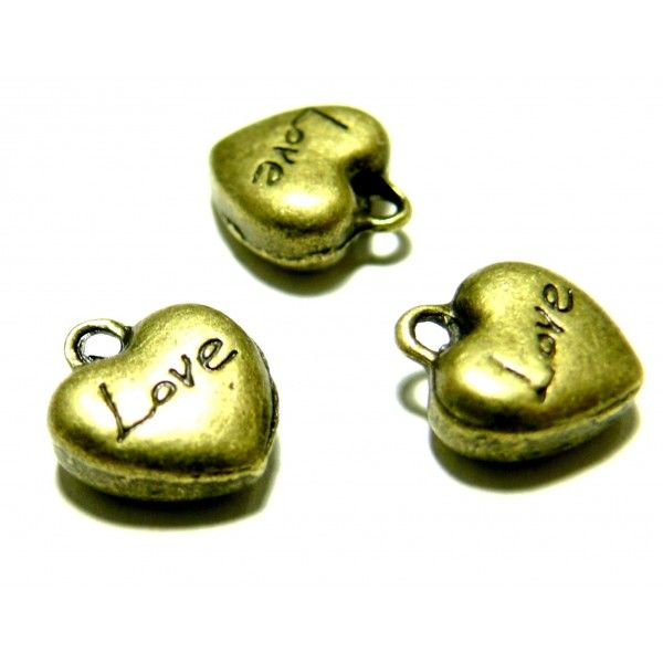 10 pendentifs breloques coeur love P19926 bronze