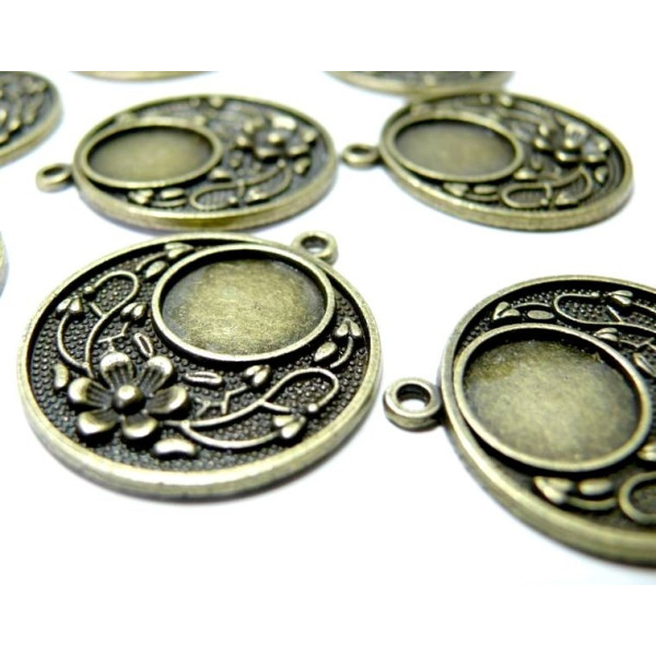 Lot de 10 supports de pendentif rond fleur métal couleur Bronze ref 238