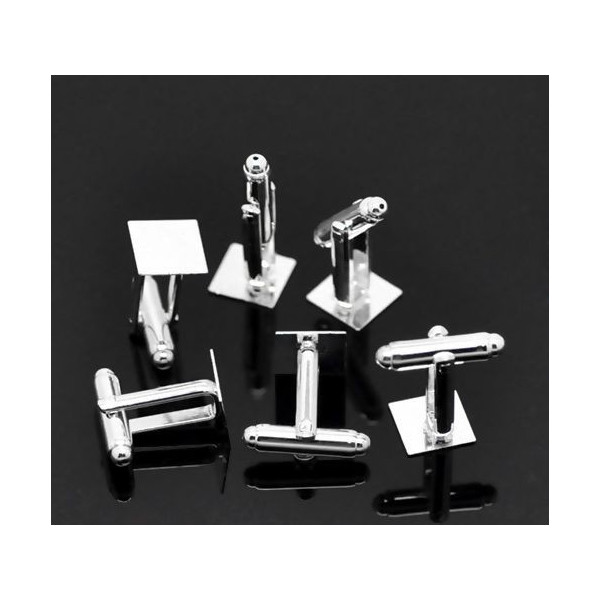 Boutons de manchettes plateau CARRE plat 10mm métal couleur ARGENT VIF