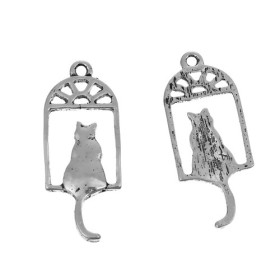 Pendentifs breloque CHAT dans PORTE metal ARGENT ANTIQUE