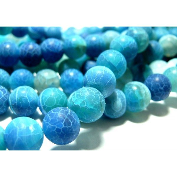 Apprêt bijoux 2 perles Agate 14mm craquelé effet givre bleu intense