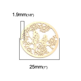 PS110216375 PAX 5 Estampes pendentif filigrane Oiseau sur la branche 25mm métal couleur Doré