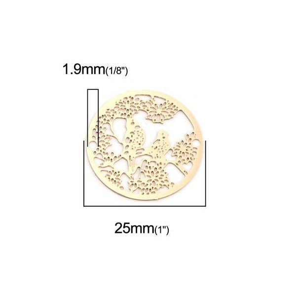 PS110216375 PAX 5 Estampes pendentif filigrane Oiseau sur la branche 25mm métal couleur Doré