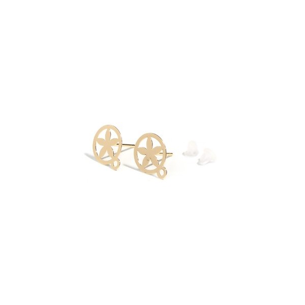 Paires Boucle d'oreille puce Fleur dans cercle avec attache cuivre couleur Dore