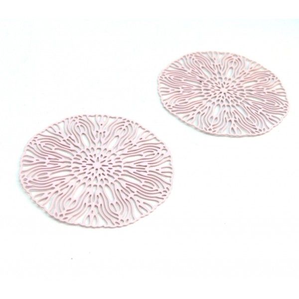 AE113487 Lot de 2 Estampes pendentif filigrane Rosace 40mm métal couleur Rose