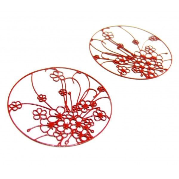 Estampes pendentif filigrane  Champ de Fleurs 30mm métal couleur Rouge