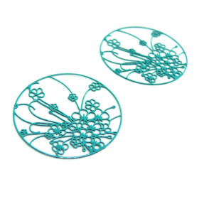 Estampes pendentif filigrane Champ de Fleurs 30mm métal couleur Bleu Canard