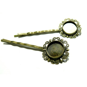 Supports de Barrette Fleur pour cabochon 12mm, Tige 55mm – Métal Bronze