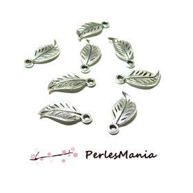 Breloques pendentifs feuille 17mm, métal couleur Argent Antique