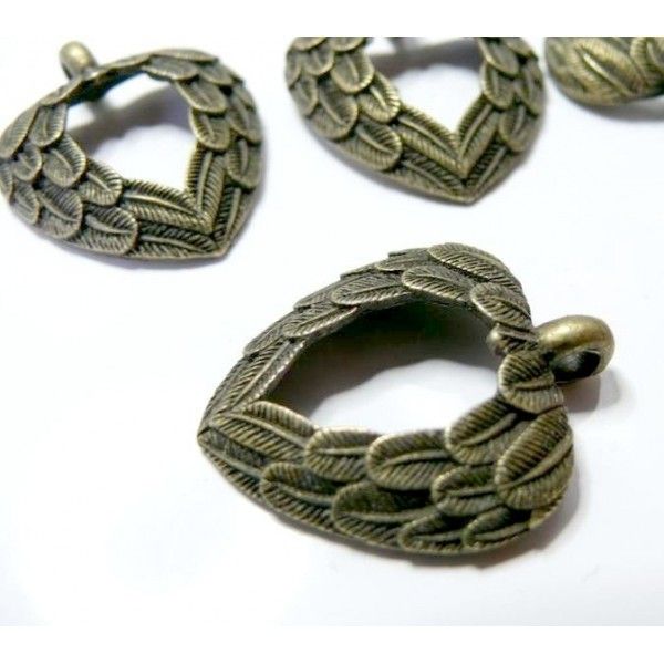 Lot de 5 pendentifs coeur d'ange métal couleur Bronze ref A13319