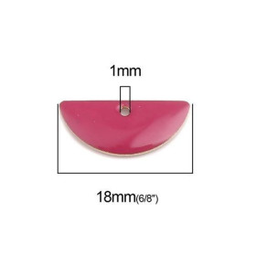 Sequins médaillons résine style émaillés Biface Demi Cercle Rose Foncé 18 par 8mm sur une base en métal dore
