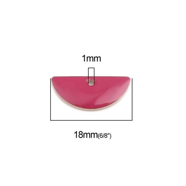 Sequins médaillons résine style émaillés Biface Demi Cercle Rose Foncé 18 par 8mm sur une base en métal dore