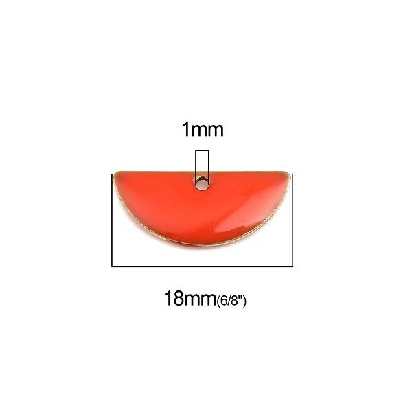 Sequins médaillons résine style émaillés Biface Demi Cercle Orange 18 par 8mm sur une base en métal dore