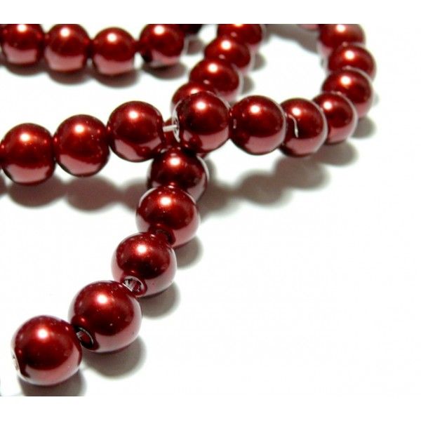 Fil de 85 perles de verre nacre rouge burgundy 10mm P86