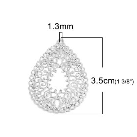 PS110216686 PAX 10 Estampes pendentif filigrane Goutte Ajourée 35mm métal couleur Argent Platine