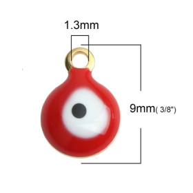 PS110246103 PAX 10 pendentifs émaillés biface Rond Rouge Oeil Porte Bonheur 6mm Acier Inoxydable base Doré