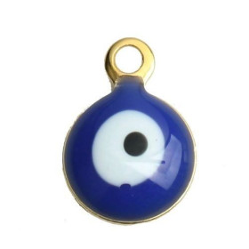 Pendentifs émaillés biface, Rond Bleu Oeil, Porte Bonheur 6mm, Acier Inoxydable base Doré
