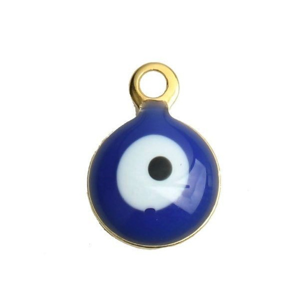 Pendentifs émaillés biface, Rond Bleu Oeil, Porte Bonheur 6mm, Acier Inoxydable base Doré