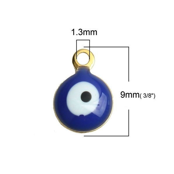 Pendentifs émaillés biface, Rond Bleu Oeil, Porte Bonheur 6mm, Acier Inoxydable base Doré