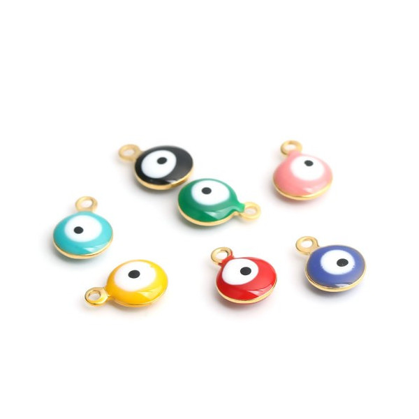 Pendentifs émaillés biface, Rond Bleu Oeil, Porte Bonheur 6mm, Acier Inoxydable base Doré