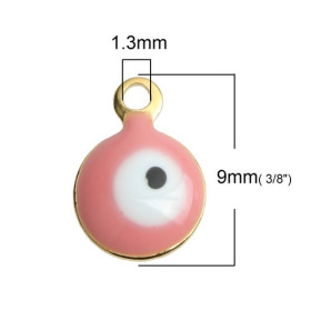 PS110246109 PAX 10 pendentifs émaillés biface Rond Rose Oeil Porte Bonheur 6mm Acier Inoxydable base Doré