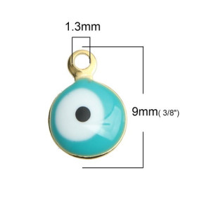 PS110246107 PAX 10 pendentifs émaillés biface Rond Turquoise Oeil Porte Bonheur 6mm Acier Inoxydable base Doré