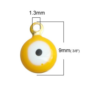 PS110246104 PAX 10 pendentifs émaillés biface Rond Jaune Oeil Porte Bonheur 6mm Acier Inoxydable base Doré