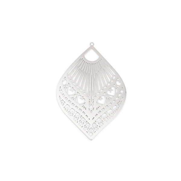 Estampes Pendentifs Grande Feuille Goutte Filigrane 59mm – Métal Argent Platine