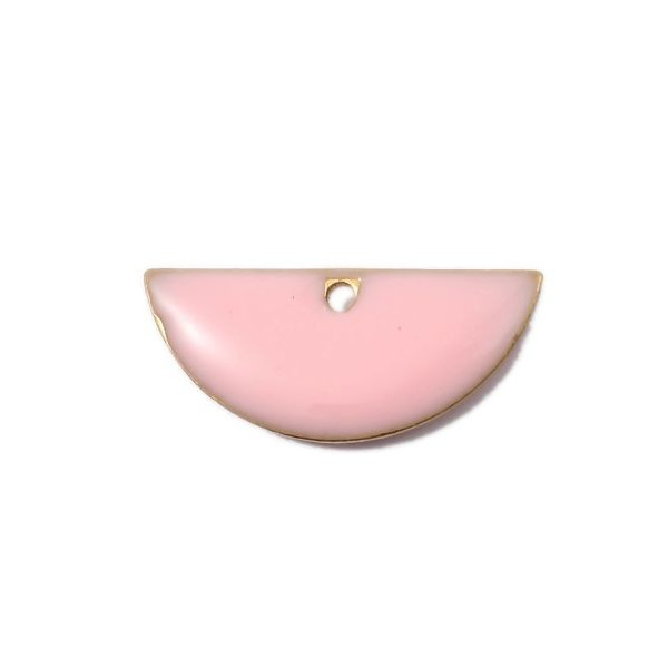Sequins médaillons résine style émaillés Biface Demi Cercle Rose Clair 18 par 8mm sur une base en métal dore