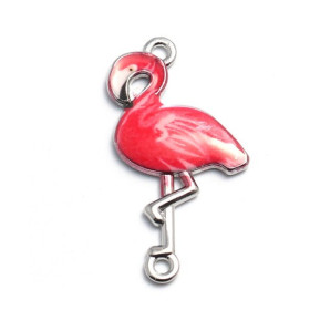 pendentifs breloque Flamant Rose Foncé style Emaille 31mm metal Argenté