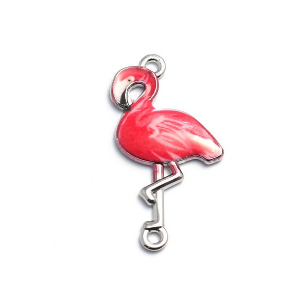 pendentifs breloque Flamant Rose Foncé style Emaille 31mm metal Argenté