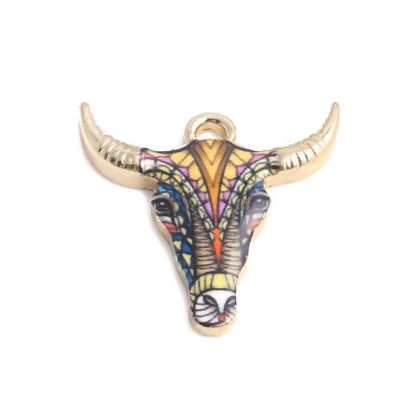 PS110152572 PAX 5 pendentifs Buffalo Tete Vache Boho Chic style emaillé 22mm metal couleur Doré