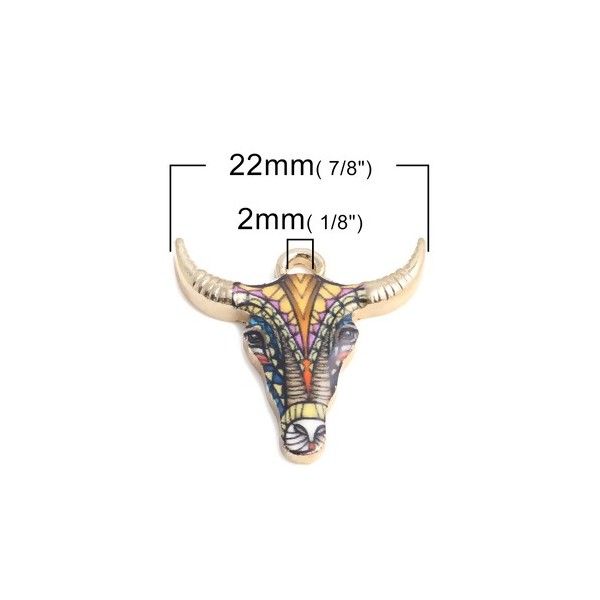 PS110152572 PAX 5 pendentifs Buffalo Tete Vache Boho Chic style emaillé 22mm metal couleur Doré
