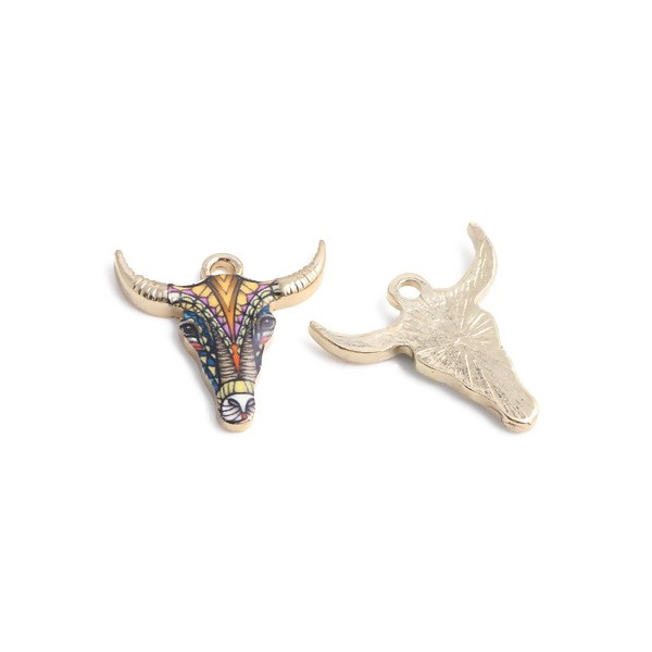 PS110152572 PAX 5 pendentifs Buffalo Tete Vache Boho Chic style emaillé 22mm metal couleur Doré