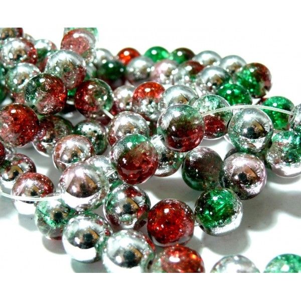 1 fil de 45 perles de verre craquelé 10mm ref PKL313 tricolore vert rouge argent