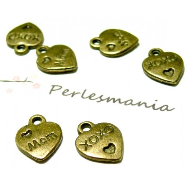 Lot de 20 pendentifs petits Coeurs Love MOM métal couleur Bronze P19566