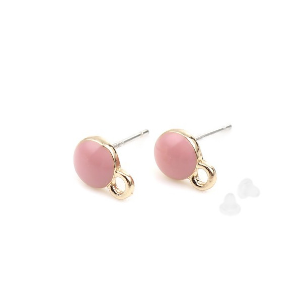 Supports de Boucle d'oreille puce Ronde style emaillé Rose sur support doré
