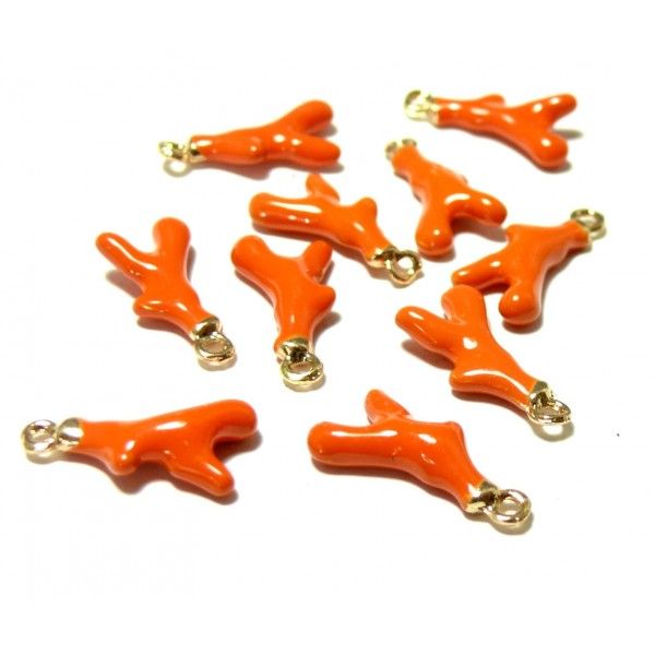 Breloques pendentifs Corail 18mm résine style émaille Orange 18 mm sur base dorée