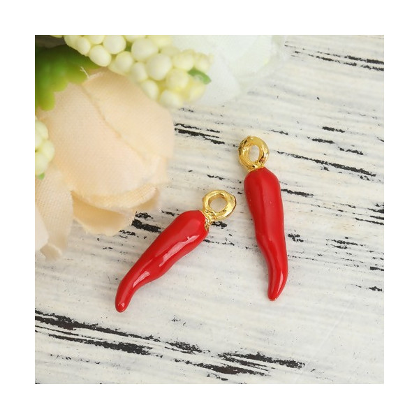 Sequins, résine style émaillés, Piment Rouge 20mm, sur une base en métal dore