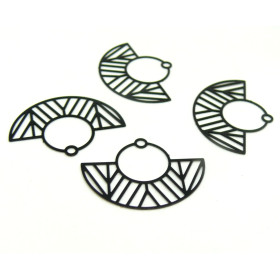 AE115547 Lot de 4 Estampes pendentif filigrane demi cercle Art  Deco Noir 23 par 30mm