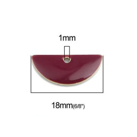 Sequins médaillons résine style émaillés Biface Demi Cercle 18 par 8mm Grenat Bordeaux sur une base en métal dore